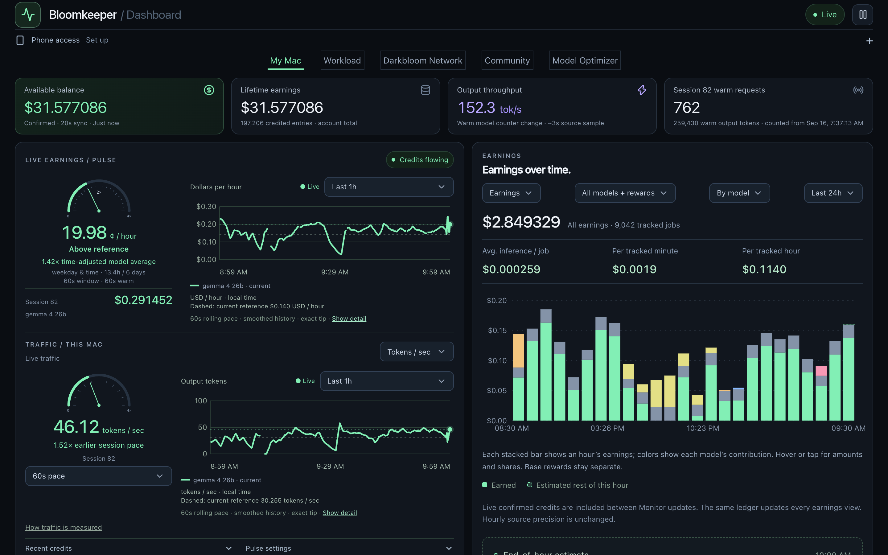 Bloomkeeper on Mac, showing live earnings and traffic alongside earnings broken down by model